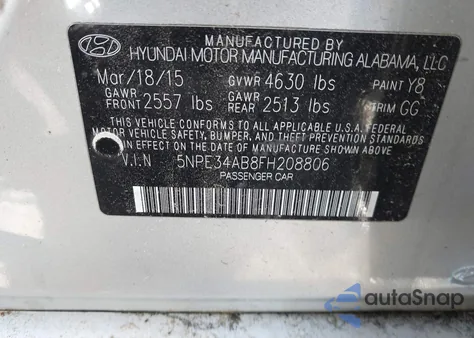 2015 Hyundai Sonata Sport 2.0T from USA, damaged, VIN 5NPE34AB8FH208806